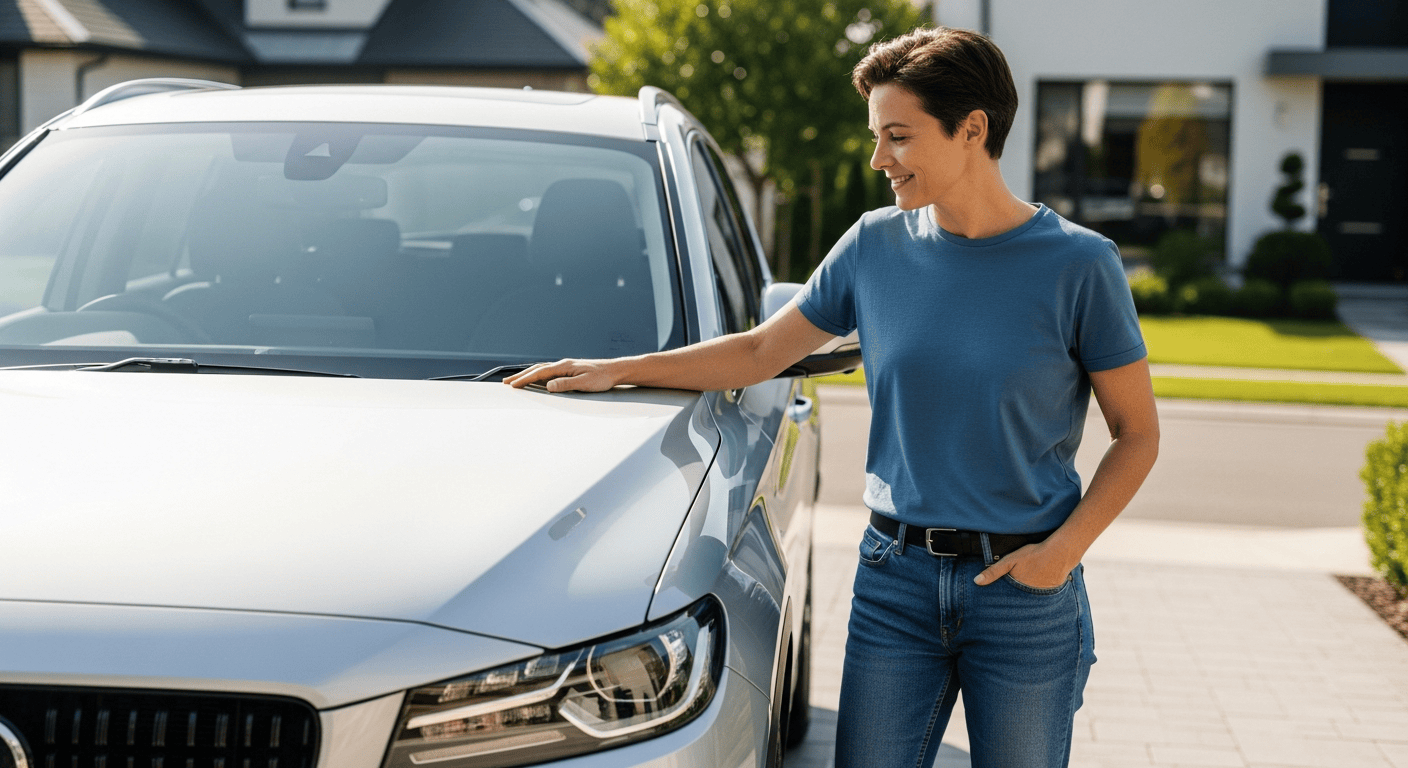 Happy person admiring their shiny modern car